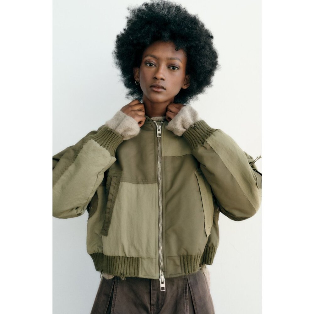 ZARA Water Repellant Patchwork Bomber Jacket Green Oversized Size Medium Padded - Picture 9 of 13